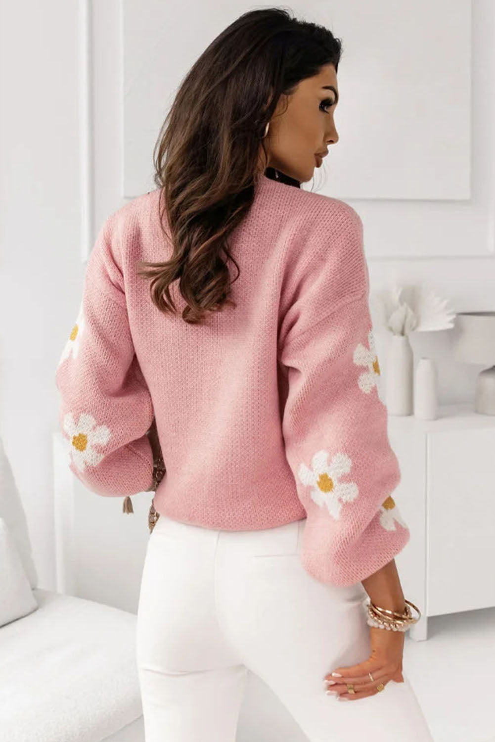 Pink Floral Pullover Knit Sweater