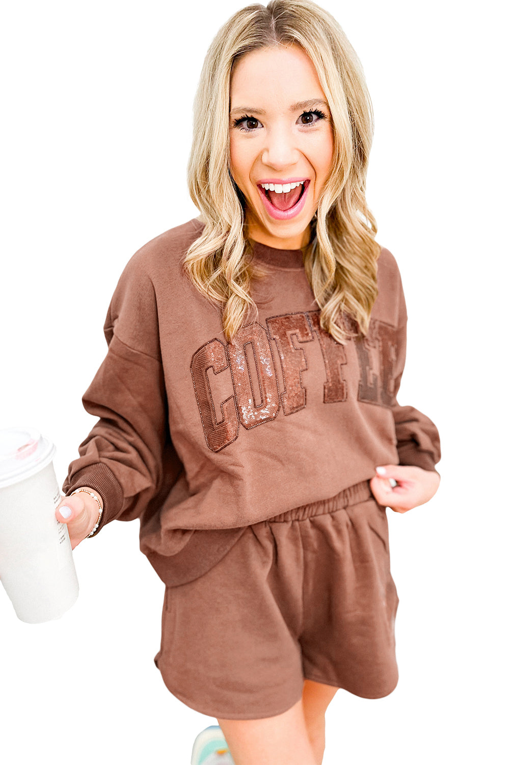 COFFEE Loose Fit Sweatshirt and Shorts Set
