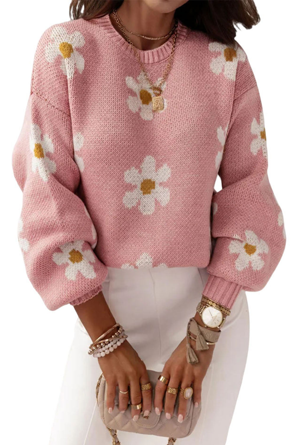 Pink Floral Pullover Knit Sweater