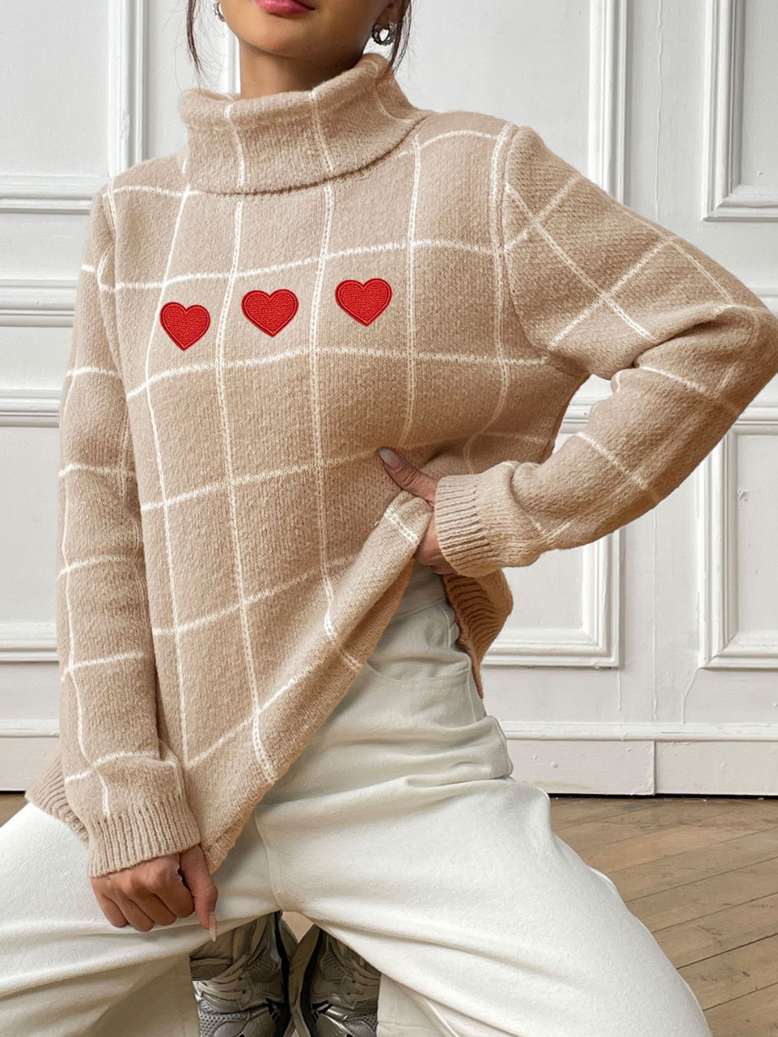 Plaid Long Sleeve Turtleneck Sweater with Hearts