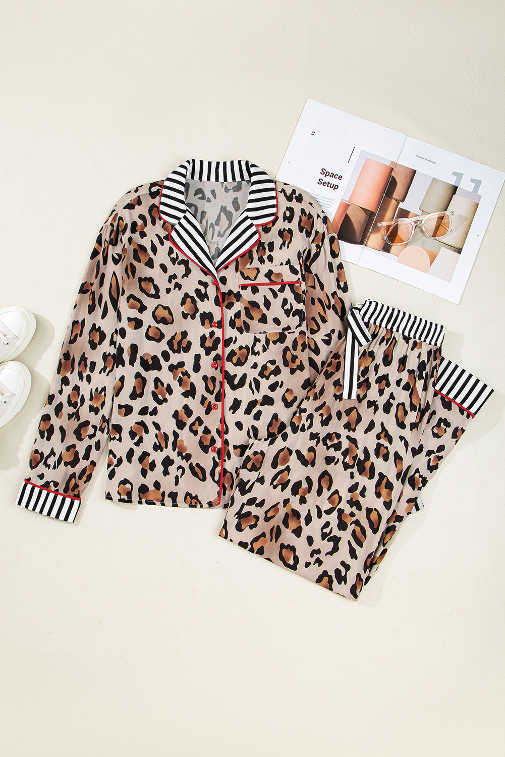 Leopard Print with Striped Patchwork Pajama Set