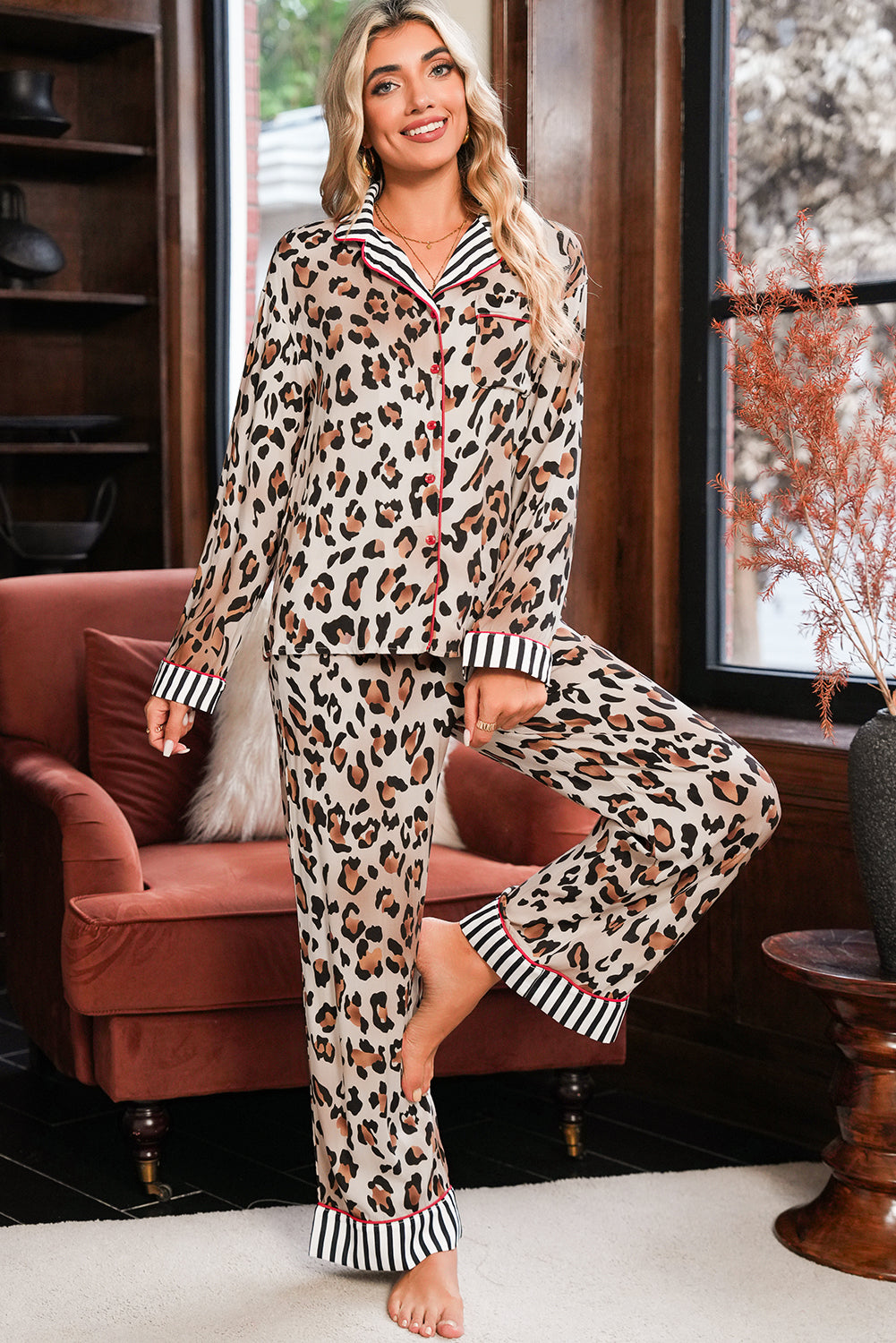 Leopard Print with Striped Patchwork Pajama Set