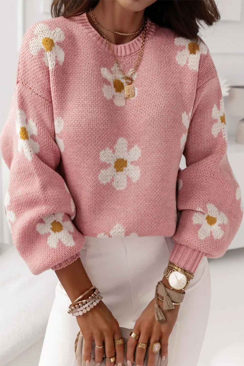 Pink Floral Pullover Knit Sweater
