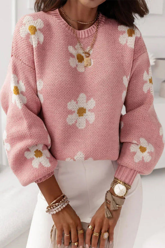 Pink Floral Pullover Knit Sweater