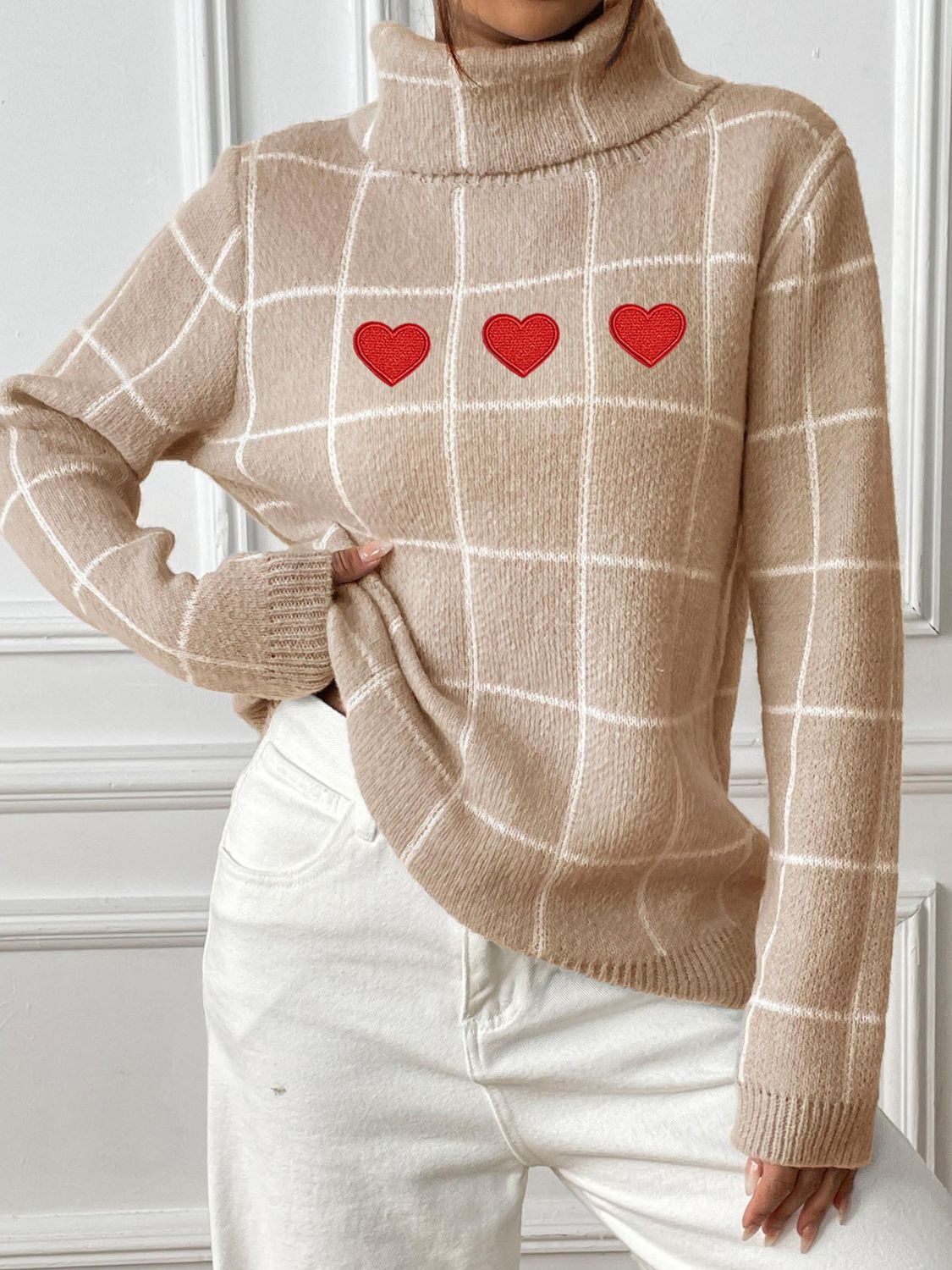 Plaid Long Sleeve Turtleneck Sweater with Hearts