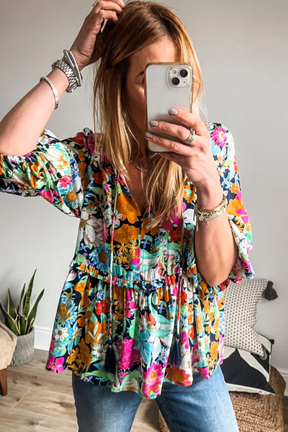 Multicolor Boho Floral V Neck Lantern Sleeve Blouse