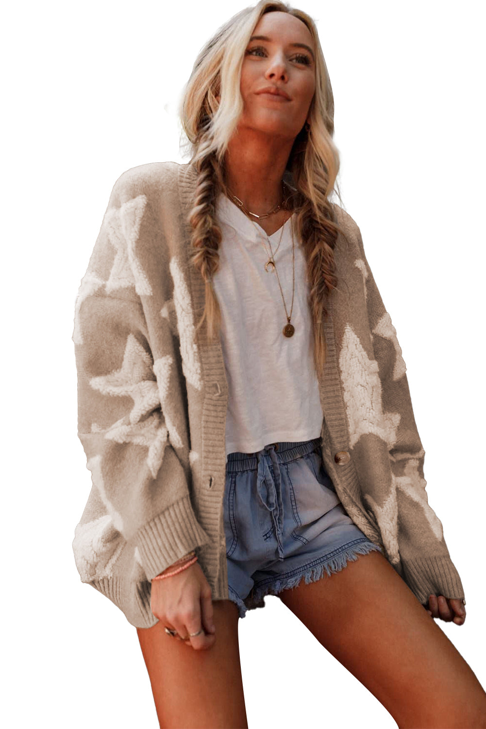 Khaki Star Pattern Cardigan