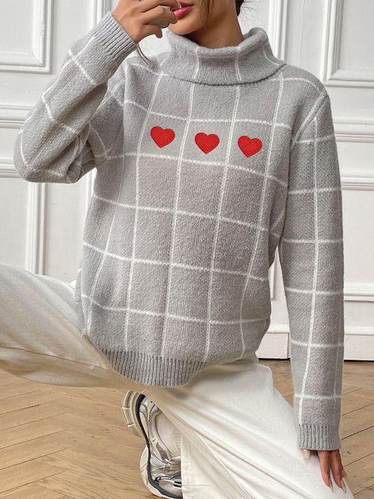Plaid Long Sleeve Turtleneck Sweater with Hearts