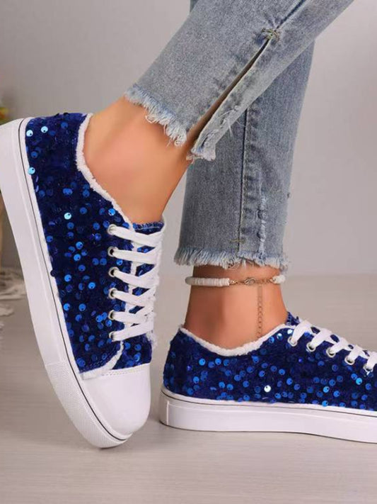 Sequin sneakers come in blue, red, pink and green