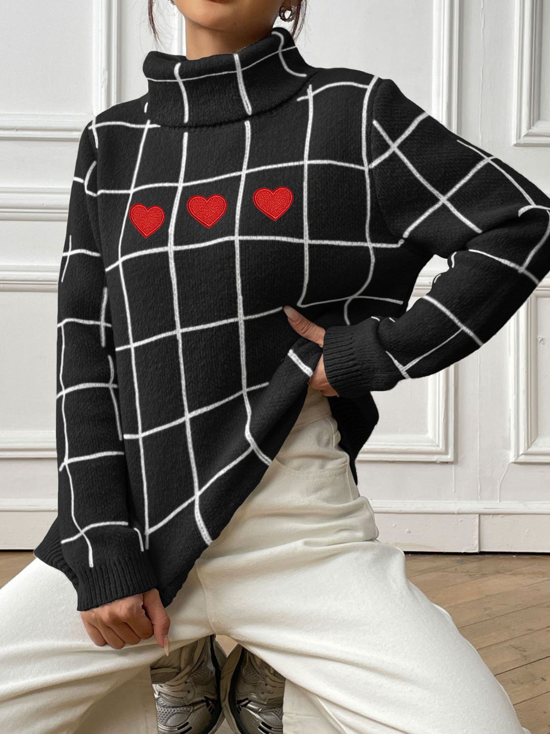 Plaid Long Sleeve Turtleneck Sweater with Hearts