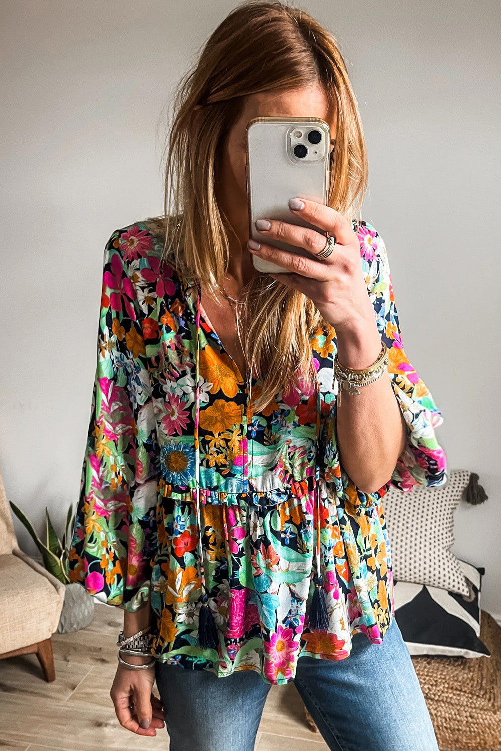 Multicolor Boho Floral V Neck Lantern Sleeve Blouse
