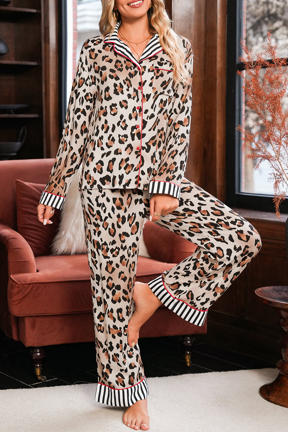 Leopard Print with Striped Patchwork Pajama Set