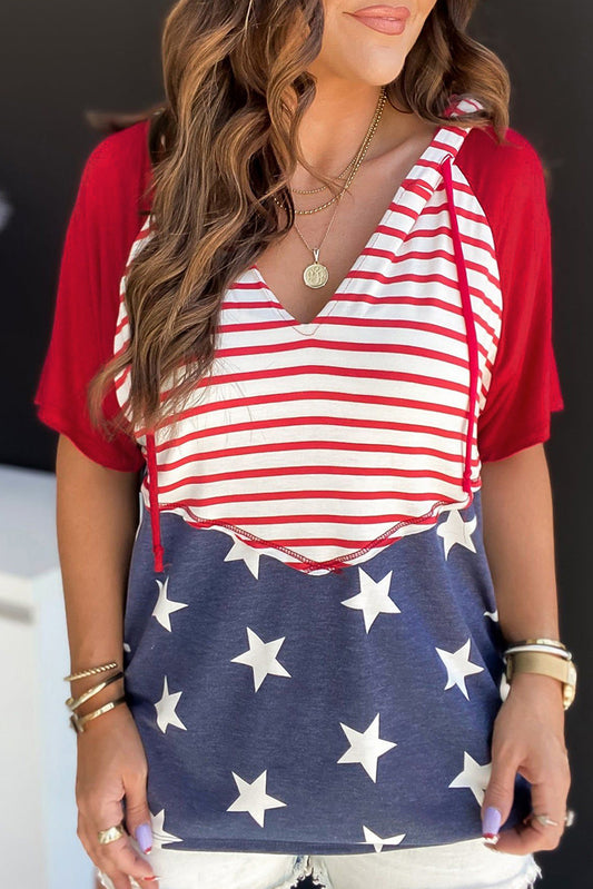 Red Stars and Stripes Print Drawstring Hooded T Shirt