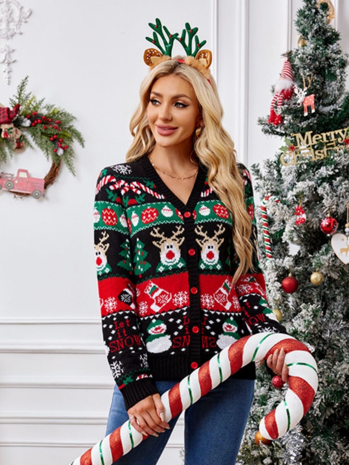 Holiday Button Up Long Sleeve Cardigan
