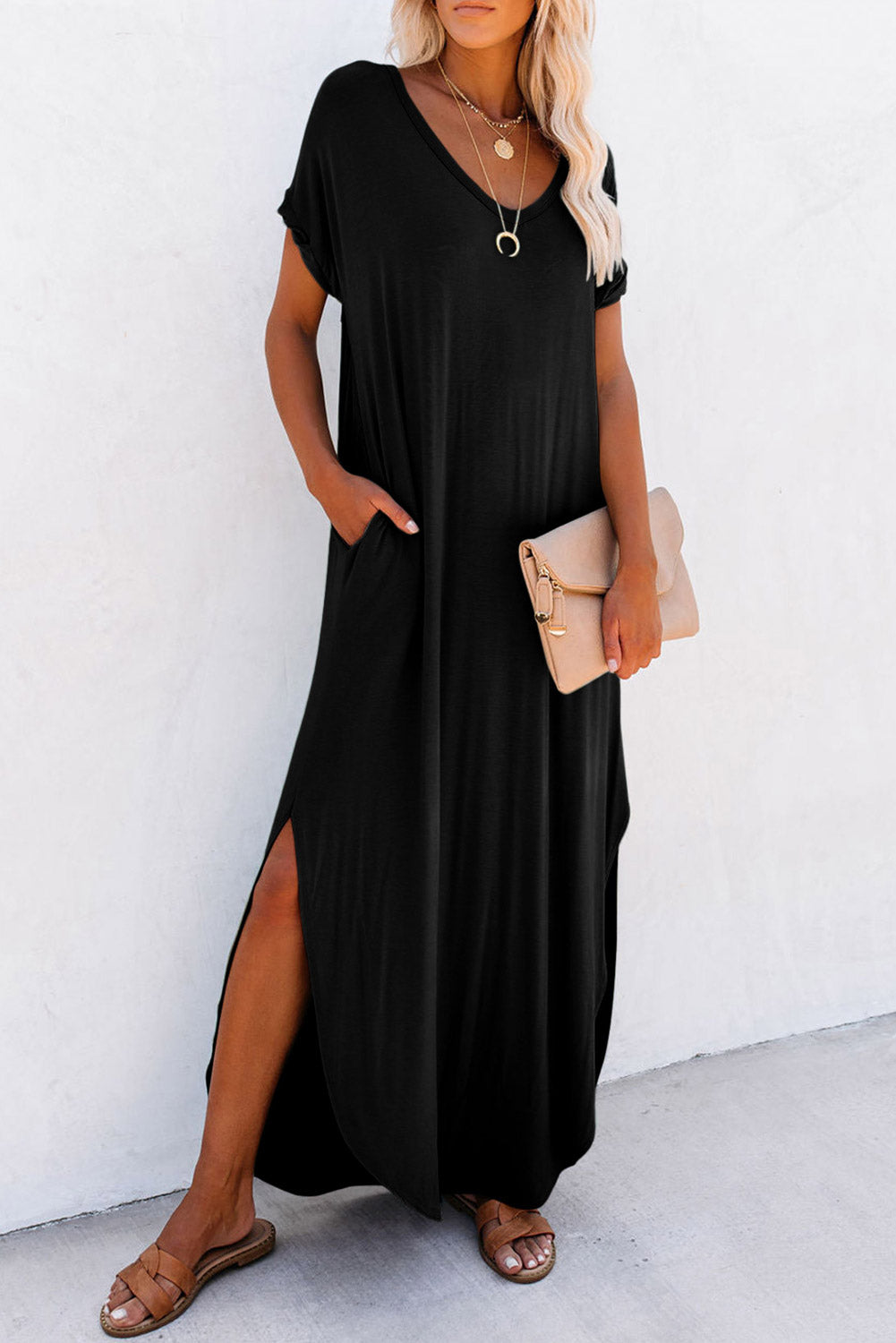 V Neck Maxi T-shirt Dress with Pockets