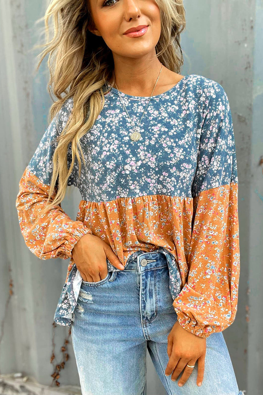 Orange Ditsy Floral Color Block Ruffle Hem Long Sleeve Top