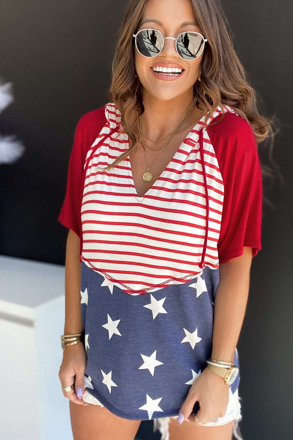 Red Stars and Stripes Print Drawstring Hooded T Shirt