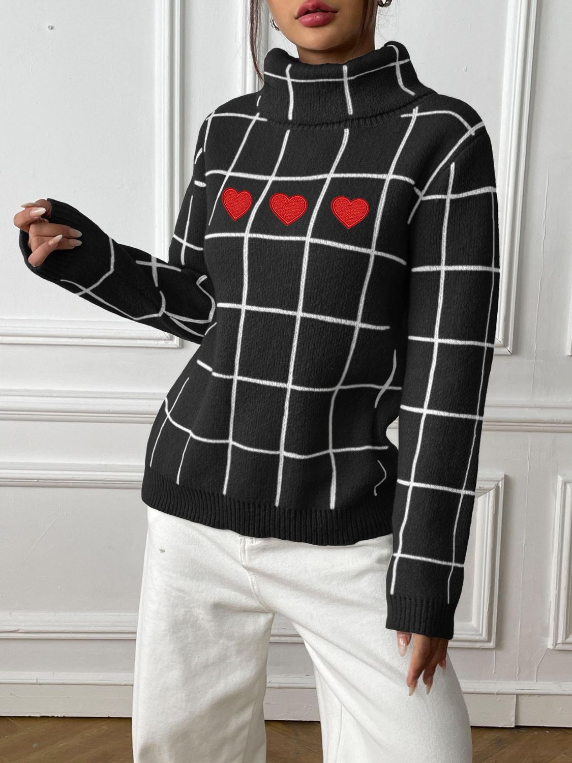 Plaid Long Sleeve Turtleneck Sweater with Hearts