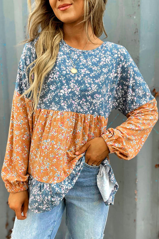 Orange Ditsy Floral Color Block Ruffle Hem Long Sleeve Top