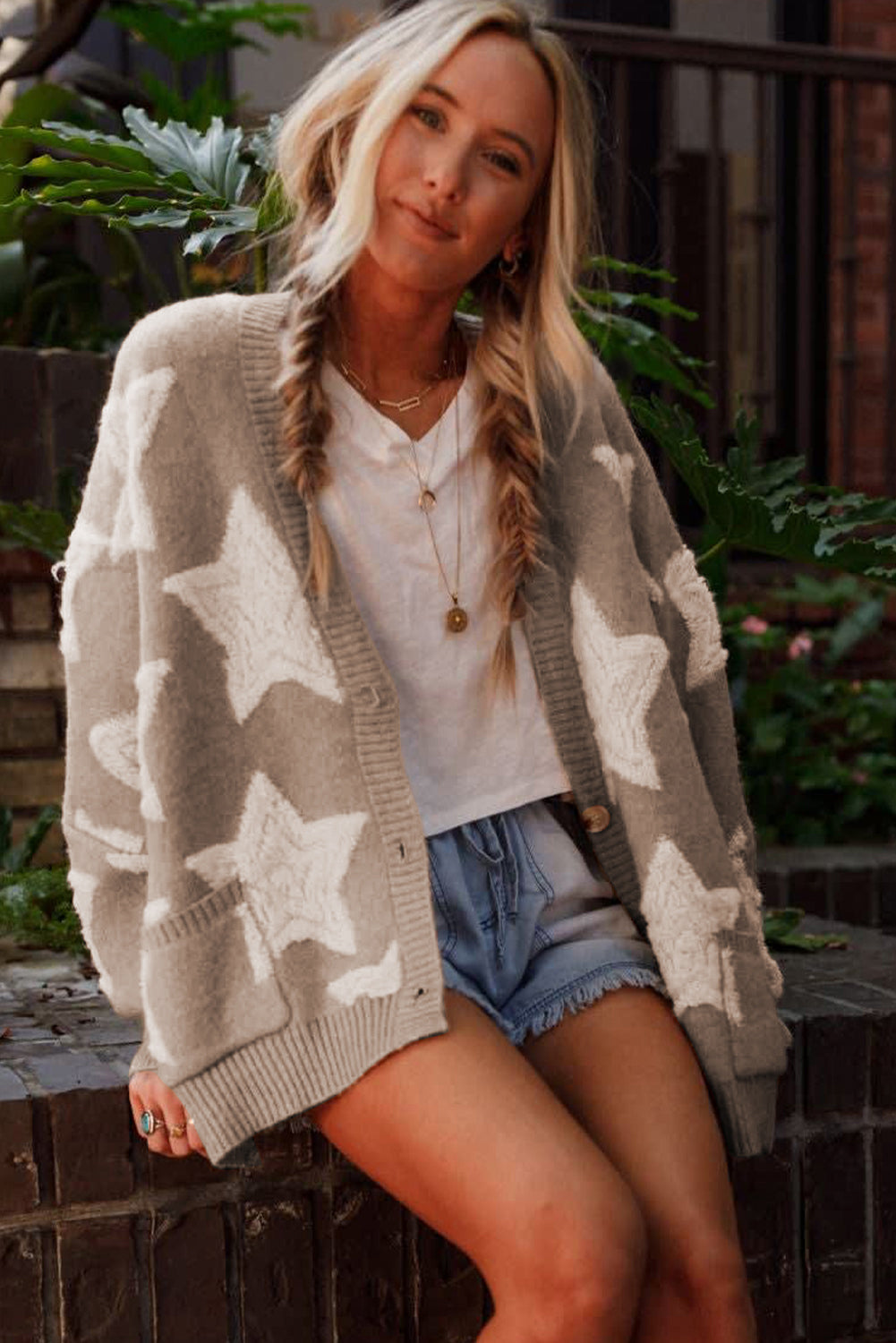 Khaki Star Pattern Cardigan