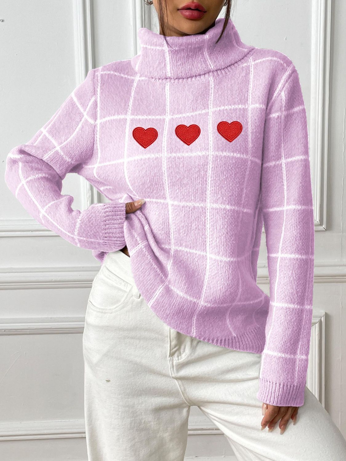 Plaid Long Sleeve Turtleneck Sweater with Hearts