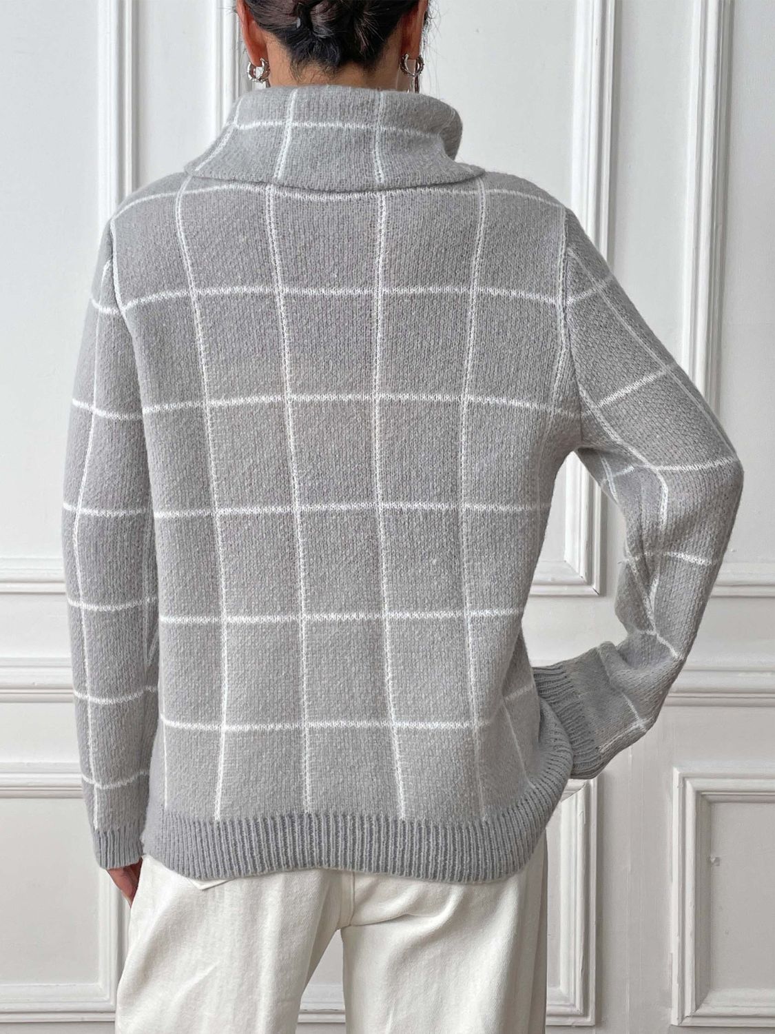 Plaid Long Sleeve Turtleneck Sweater with Hearts