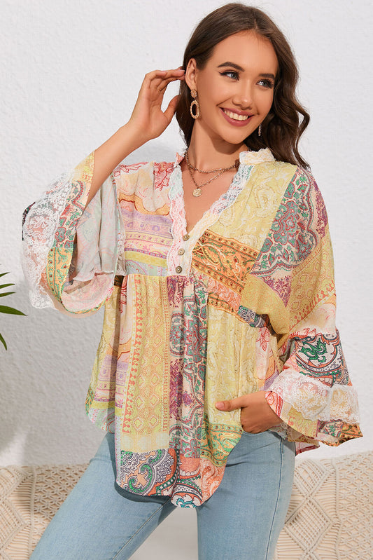 "Double Take" Printed Lace Trim Boho Blouse