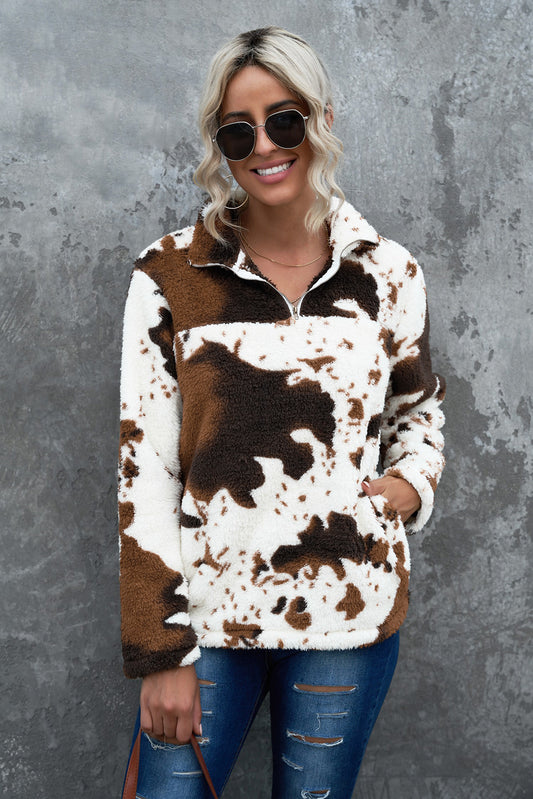 Quarter-Zip Long Sleeve Cowhide Print  Sweatshirt