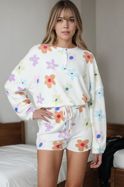 Printed Top and Drawstring Shorts Lounge Set