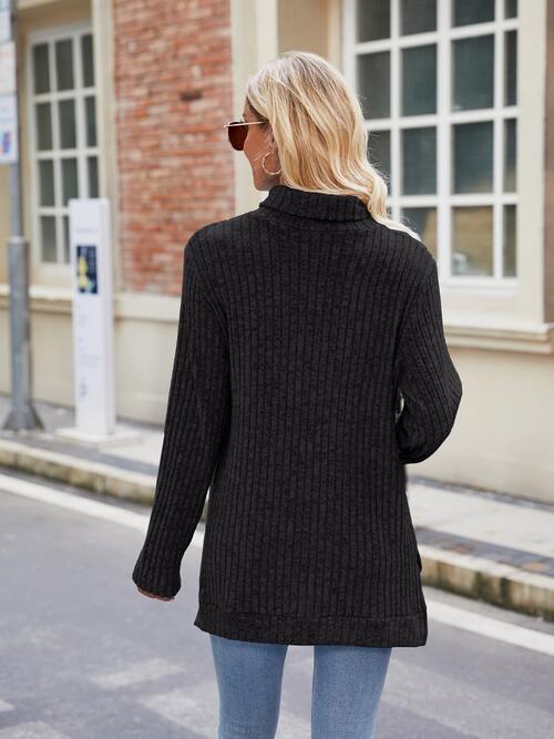 Ribbed Turtleneck Long Sleeve Knit Top