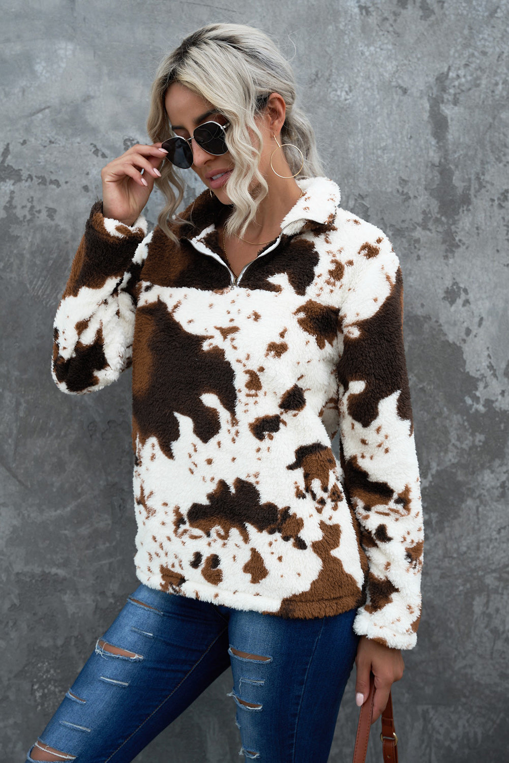 Quarter-Zip Long Sleeve Cowhide Print  Sweatshirt