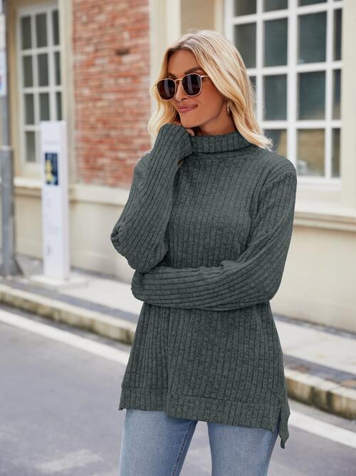 Ribbed Turtleneck Long Sleeve Knit Top