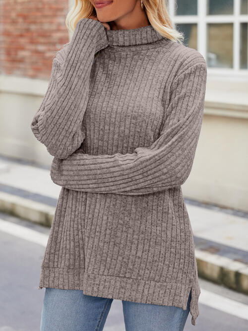 Ribbed Turtleneck Long Sleeve Knit Top in various colors