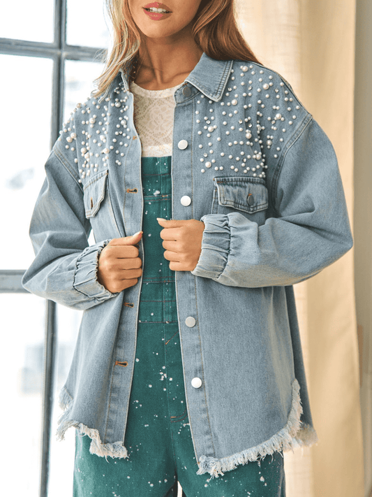 Pearl Blingy Raw Hem Denim Jacket