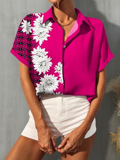Hot Pink Short Sleeve Shirt with flower graphic