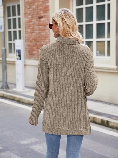 Ribbed Turtleneck Long Sleeve Knit Top