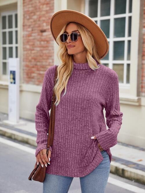 Ribbed Turtleneck Long Sleeve Knit Top