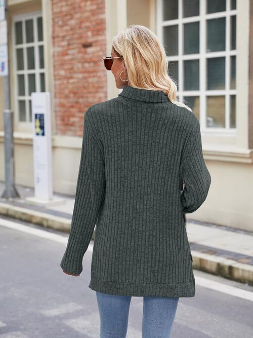 Ribbed Turtleneck Long Sleeve Knit Top