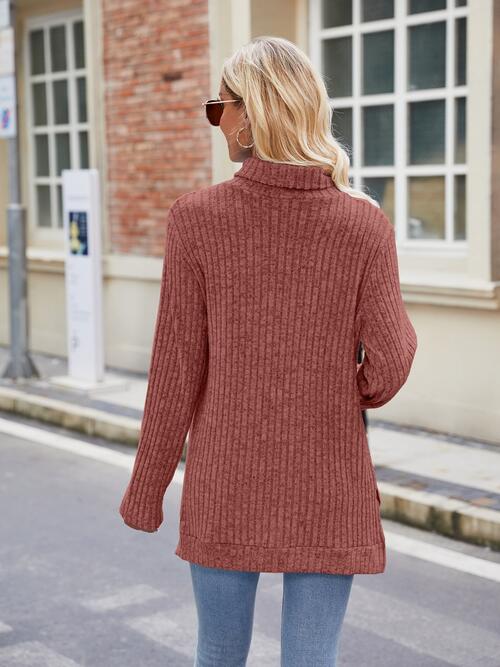 Ribbed Turtleneck Long Sleeve Knit Top