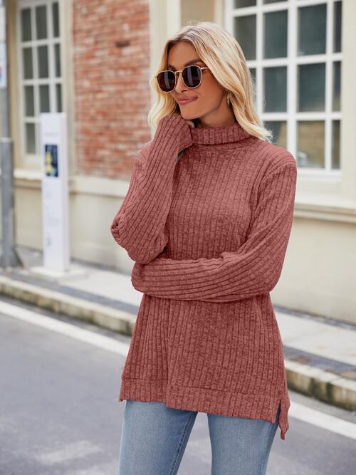 Ribbed Turtleneck Long Sleeve Knit Top